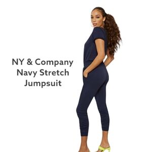 NY & Company Navy Boat Neck Stretch Joggers Jumpsuit Sz M